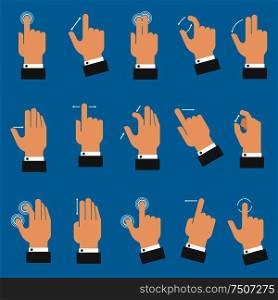 Set of hands with multitouch gestures for tablet or smartphone on blue background. Flat style . Multitouch gestures for tablet or smartphone