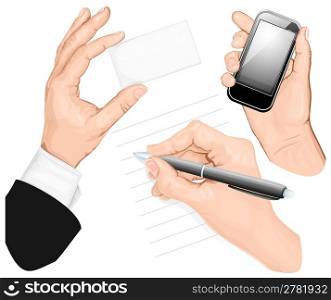 Set of hands: write hand, hand holding mobilphone, hand holding card. vector illustration