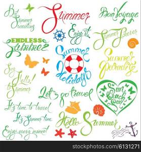 Set of handwritten text: Endless Summer, enjoy it, let`s go travel, sun beach fun, etc. Calligraphy elements for season holiday, travel or vacations design.