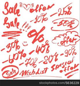 Set of handwritten words sale, special offer and numerals 0-9% - calligraphic Elements for fashion or retail Design in grunge style.