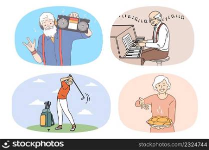 Set of happy active old pensioners people enjoy good maturity. Collection of energetic smiling mature men and women have fun involved in hobby activity. Relaxation on retirement. Vector.. Set of happy older people enjoy maturity