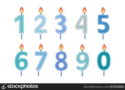 Set of Happy Birthday candle numbers. Blue color. Vector flat design illustration.