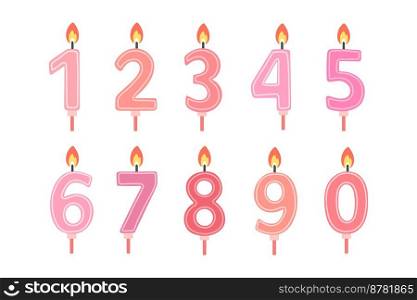 Set of Happy Birthday candle numbers. Pink color. Vector flat design illustration.