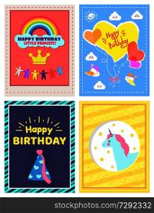Set of happy birthday little princes pictures vector illustration with yellow crown, magic unicorn, festive cone, and lot of hearts, clouds and birds. Set of Happy Birthday Little Princes Pictures