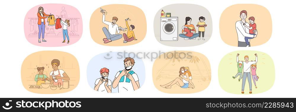 Set of happy caring parents play teach small kids cooking and washing together. Collection of smiling loving mom and dad spend time with children. Upbringing and parenthood. Vector illustration. . Set of smiling parents spend time with kids