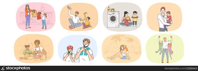 Set of happy caring parents play teach small kids cooking and washing together. Collection of smiling loving mom and dad spend time with children. Upbringing and parenthood. Vector illustration. . Set of smiling parents spend time with kids
