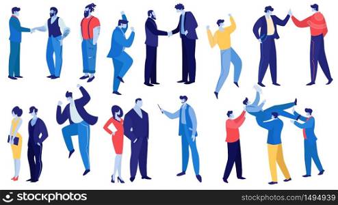 Set of Happy Corporate Employees and Joyful Managers. Business Lady, Businessman, Office Workers Rejoice, Confident People Celebrating, Meeting on Party, Occupation, Cartoon Flat Vector Illustration. Set of Corporate Employees and Joyful Managers