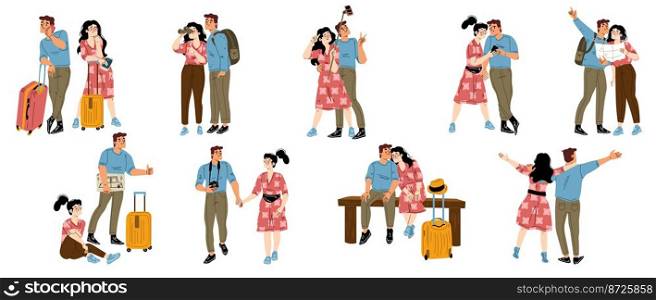 Set of happy couple traveling together, flat vector illustration on white background. Male and female tourists taking pictures, studying map, enjoying trip, go sightseeing, hitchhiking on vacation. Set of happy couple traveling together