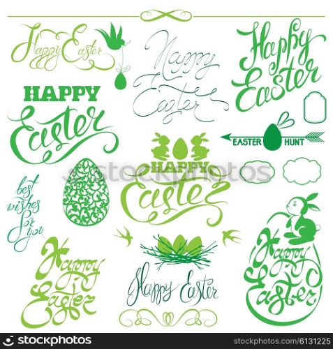 Set of Happy Easter holiday calligraphy. Hand lettering greetings, symbols, icons in green color, isolated on white background.