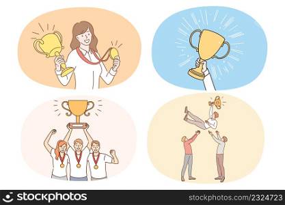 Set of happy employees or workers with prizes or awards celebrate goal achievement. Collection of businesspeople excited with win or victory business accomplishment. Vector illustration.. Set of happy businesspeople celebrate business success