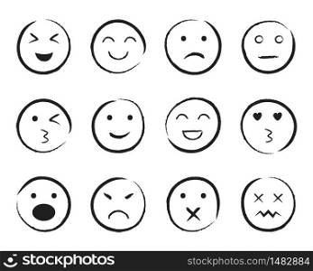 Set of happy face hand drawn style. Sketch smiley, sad, angry face doodle icon. Emoji emoticon for social media. Cartoon people faces on isolated background. Expression emotion. Set line mood. vector. Set of happy face hand drawn style. Sketch smiley, sad, angry face doodle icon. Emoji emoticon for social media. Cartoon people faces on isolated background. Expression emotion. Set line mood. vector.