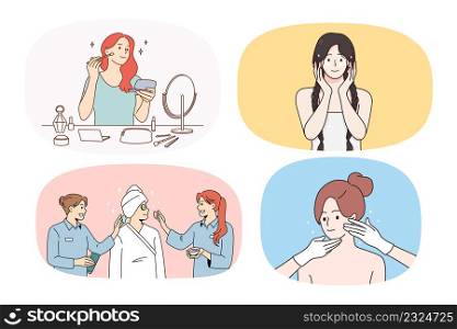 Set of happy girls enjoy spa or cosmetology routine skincare procedures. Collection of women take care of face skin, do beauty cosmetic treatment. Dermatology concept. Vector illustration.. Set of happy girls do face beauty treatment