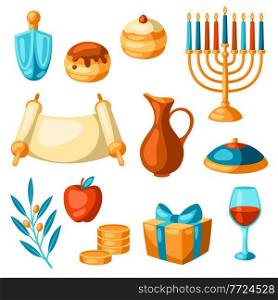 Set of Happy Hanukkah religious symbols. Illustration of holiday objects. Celebration traditional items.. Set of Happy Hanukkah religious symbols. Illustration of holiday objects.