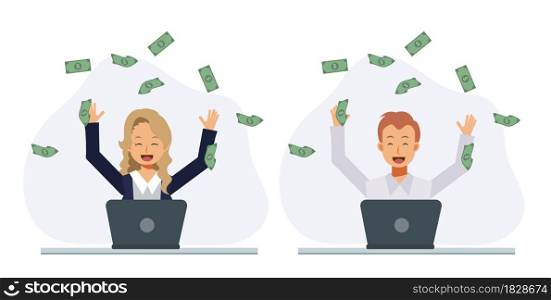 Set of happy man and happy woman making a lot of money on internet. win the prize, get money concept. Flat vector 2d cartoon character illustration.