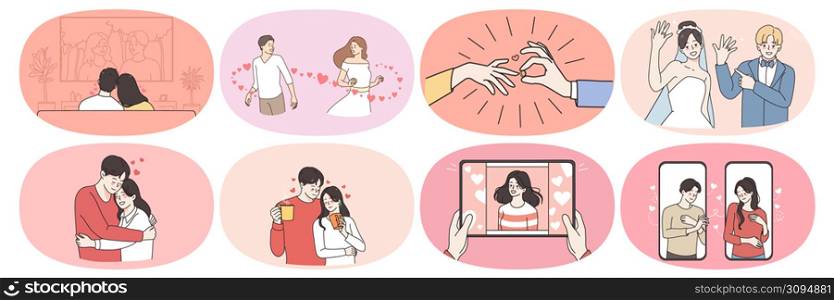 Set of happy man and woman communicate meet online on internet. Smiling couple fall in love, get engaged and marry. Relationship goal concept. Love and affection. Flat vector illustration.. Set of happy couple relationships goal