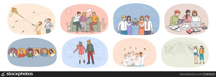 Set of happy millennial friends students enjoy college life study and relax together. Collection of smiling young people have fun communicate rest on weekend. Campus friendship. Vector illustration. . Collection of happy millennial friends relax together