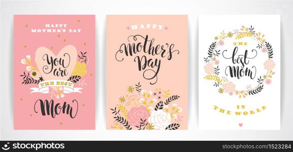 Set of Happy Mothers Day lettering greeting cards with Flowers.
