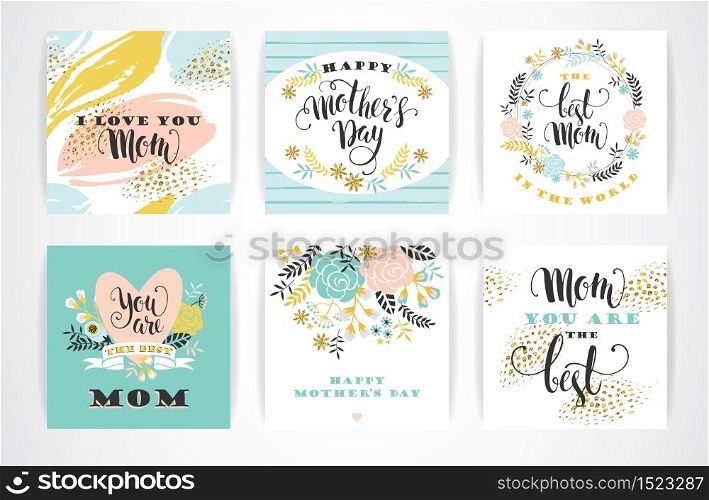 Set of Happy Mothers Day lettering greeting cards with Flowers.