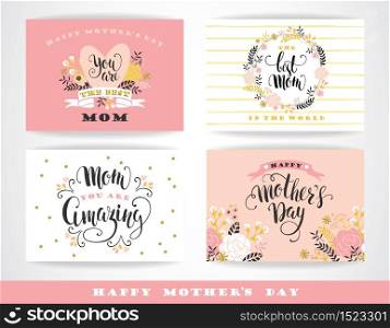 Set of Happy Mothers Day lettering greeting cards with Flowers. Vector illustration.. Set of Happy Mothers Day lettering greeting cards with Flowers.