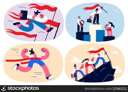 Set of happy motivated businesspeople reach peak succeed at work. Excited employees or worker strive for business goal achievement celebrate success. Teamwork and leadership. Vector illustration.. Set of diverse employee reach business goal