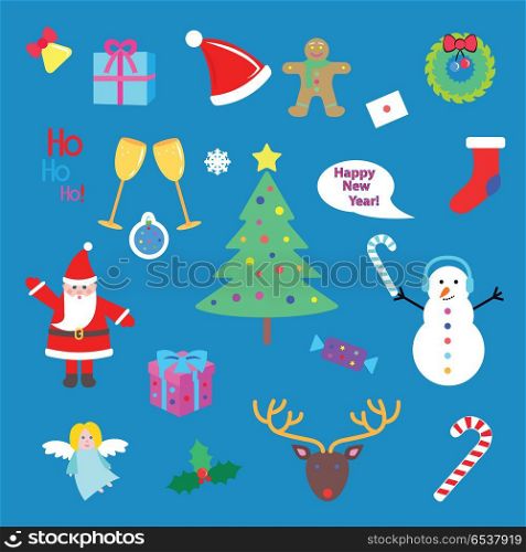 Set of Happy New Year and Merry Christmas elements.. Set of Happy New Year and Merry Christmas elments. Xmas tree, snowman, present, Santa Claus, deer, candy stick, speech bubble, gift, angel. Cartoon style. Comic illustration in 80s 90s style. Vector.