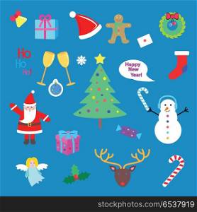 Set of Happy New Year and Merry Christmas elements.. Set of Happy New Year and Merry Christmas elments. Xmas tree, snowman, present, Santa Claus, deer, candy stick, speech bubble, gift, angel. Cartoon style. Comic illustration in 80s 90s style. Vector.