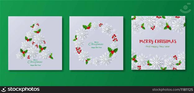 Set of happy new year and Merry Christmas greeting card or background,paper art snowflakes with berry for decorative seasonal holiday banner,vector illustration