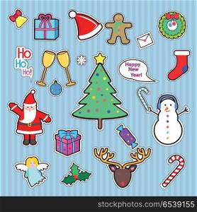 Set of Happy New Year and Merry Christmas patch.. Set of Happy New Year and Merry Christmas patch. Cut out of paper. Patch Xmas tree, snowman, present, Santa Claus, deer, candy stick, speech bubble, gift, angel. Patch in cartoon style. Vector
