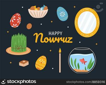Set of Happy Nowruz flat e≤ments. Traditional spring festival. Vector illustration.