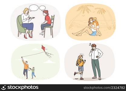Set of happy parent relax enjoy time with small kid show love and care. Collection of mom or dad play rest with little child. Parenthood and childhood concept. Vector illustration.. Set of happy parent enjoy time with child