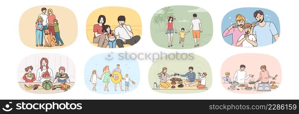 Set of happy parents with small children have fun enjoy spending time together. Collection of loving smiling family with kids daily life. Vacation and holidays. Relative unity. Vector illustration. . Collection of happy parents with kids enjoy time together