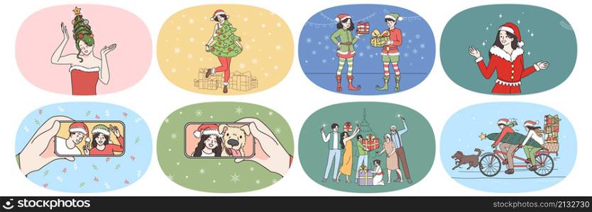 Set of happy people have fun celebrate New Year exchange presents on winter holidays. Smiling men and women enjoy Christmas celebration greeting make gift surprise. Flat vector illustration.. Happy people enjoy Christmas celebration make gifts