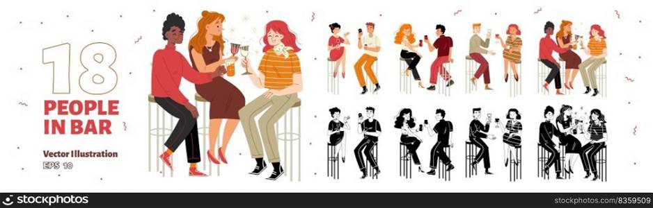 Set of happy people sitting in bar. Collection of male, female flat characters, couples, friends drinking cocktails, clinking glasses, dating and celebrating holiday at party. Vector illustration. Set of happy people in bar, flat illustration