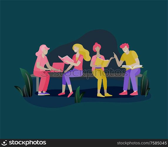Set of happy relaxed learning and reading people outdoor park for online education, training and courses. Modern vector illustration concept, cartoon characters. Set of web page design templates for online education, training and courses, learning, video tutorials. Modern vector illustration concepts for website and mobile website development.