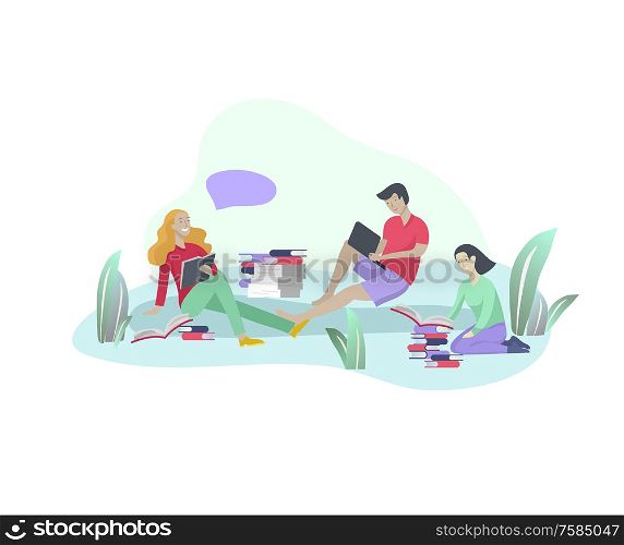 Set of happy relaxed learning and reading people outdoor park for online education, training and courses. Modern vector illustration concept, cartoon characters. Set of web page design templates for online education, training and courses, learning, video tutorials. Modern vector illustration concepts for website and mobile website development.
