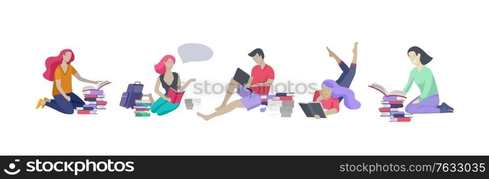 Set of happy relaxed learning and reading people outdoor park for online education, training and courses. Modern vector illustration concept, cartoon characters. Set of happy relaxed learning and reading people outdoor park for online education, training and courses. Modern vector illustration concept, cartoon