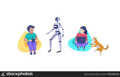 Set of Happy school children performing various activities or hobbies, playing games on computer or console, programming, launching drone, wearing VR headset. Flat cartoon vector illustration. Set of Happy school children performing various activities or hobbies, playing games on computer or console, programming, launching drone, wearing VR headset. Flat cartoon vector
