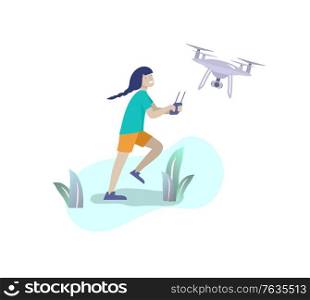 Set of Happy school children performing various activities or hobbies, playing games on computer or console, programming, launching drone, wearing VR headset. Flat cartoon vector illustration. Set of Happy school children performing various activities or hobbies, playing games on computer or console, programming, launching drone, wearing VR headset. Flat cartoon vector