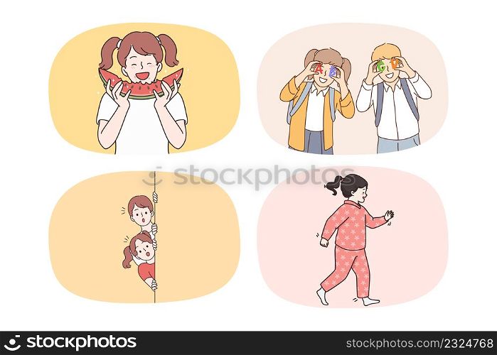 Set of happy small children laugh playing relaxing on weekend. Collection of smiling little kids have fun with friends, enjoy leisure time feel playful joyful. Childhood concept. Vector illustration.. Set of happy children play with friends