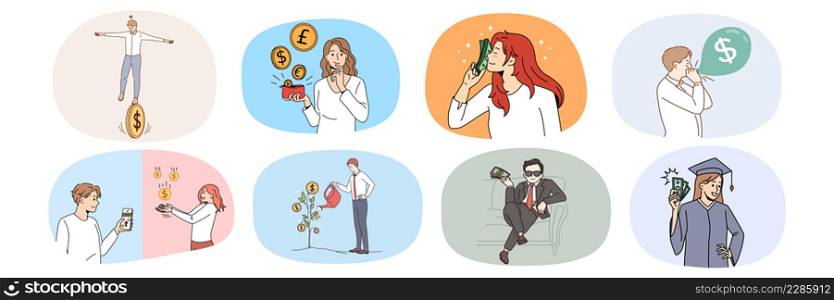 Set of happy successful men and women feel excited with income or profit. Bundle of diverse people get dividend earn money. Finance stability and success. Flat vector illustration. . Set of happy people satisfied with money income