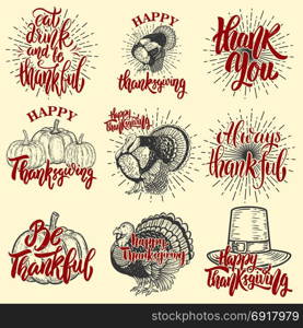 Set of happy thanksgiving badges. Turkey, pumpkin. Design element for poster, emblem,sign. Vector illustration