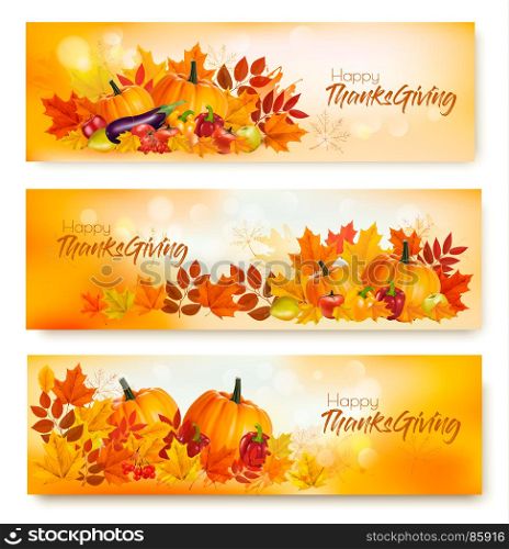 Set of Happy Thanksgiving banners with autumn vegetables and colorful leaves. Vector.