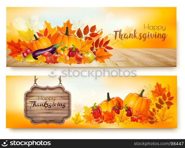 Set of Happy Thanksgiving banners with autumn vegetables and colorful leaves. Vector.