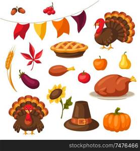 Set of Happy Thanksgiving Day holiday objects and icons.. Set of Happy Thanksgiving Day objects and icons.
