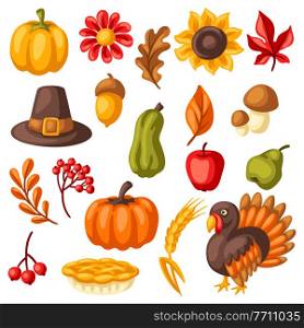 Set of Happy Thanksgiving Day items. Holiday objects and icons. Celebration traditional symbols.. Set of Happy Thanksgiving Day items. Holiday objects and icons.