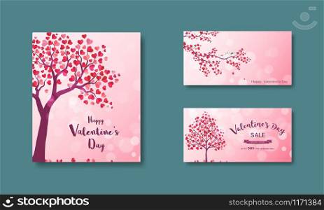 Set of happy Valentine's Day with tree and hearts,design element for flyer,template,banner or greeting card,vector illustration