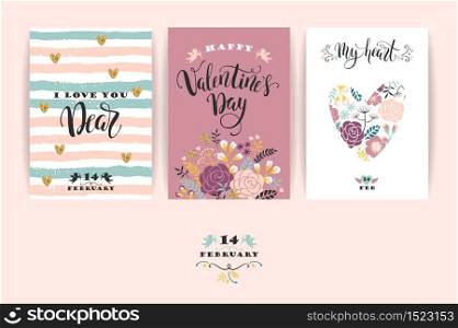Set of Happy Valentines Day cards. Hand drawn lettering design. Vector illustration. Set of Happy Valentines Day cards.