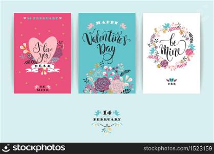 Set of Happy Valentines Day cards. Hand drawn lettering design. Vector illustration. Set of Happy Valentines Day cards. Hand drawn lettering design.