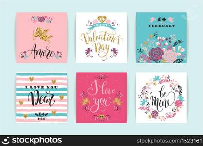 Set of Happy Valentines Day cards. Hand drawn lettering design. Vector illustration. Set of Happy Valentines Day cards. Hand drawn lettering design.