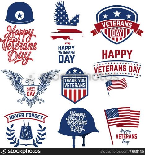 Set of Happy Veterans Day emblems. Emblems with american flags. Design element for logo, label, emblem, sign, poster, greeting card. Vector illustration